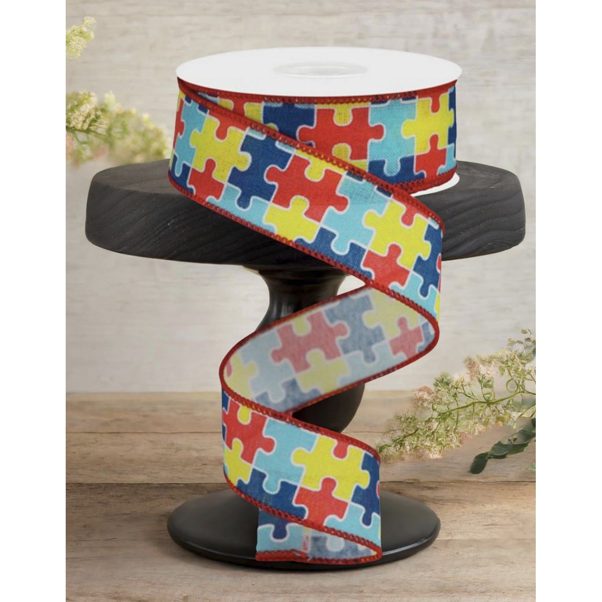 Shop For 1.5" Puzzle Piece Ribbon on Royal: Autism Awareness (10 Yards)