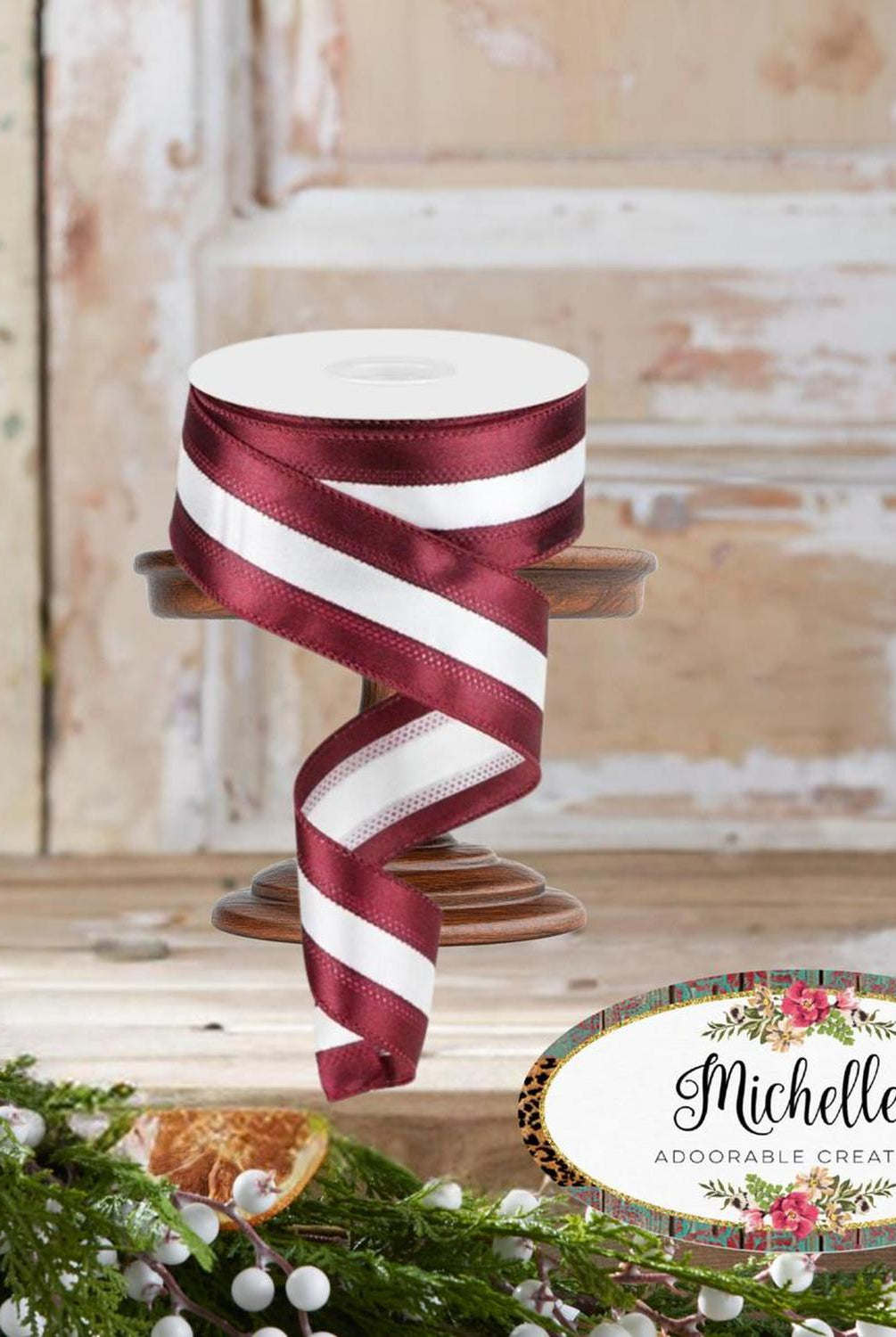 1.5" Satin Team Stripe Ribbon: Maroon & White (10 Yards)