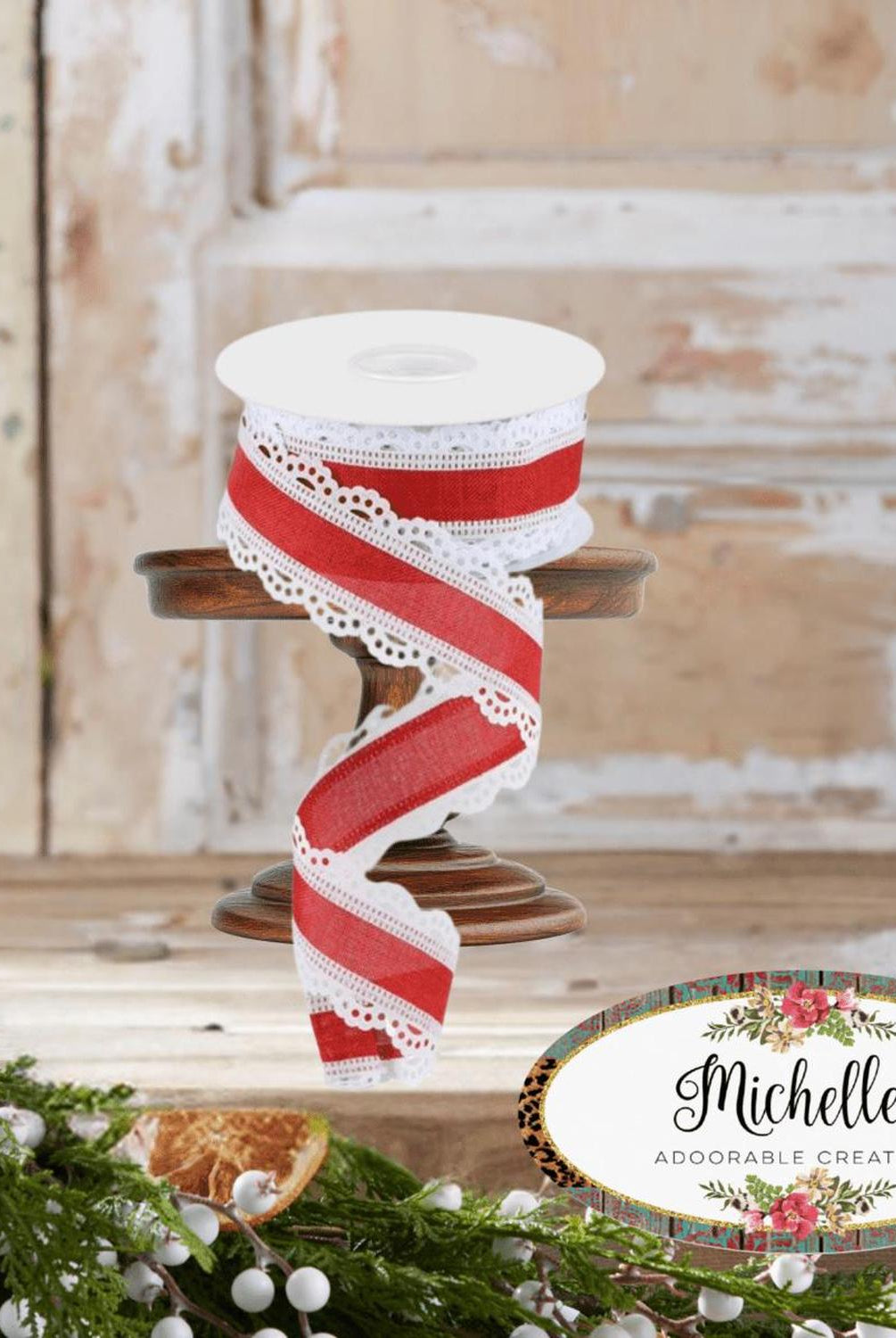 1.5" Scalloped Edge Ribbon: Red/White (10 Yard)