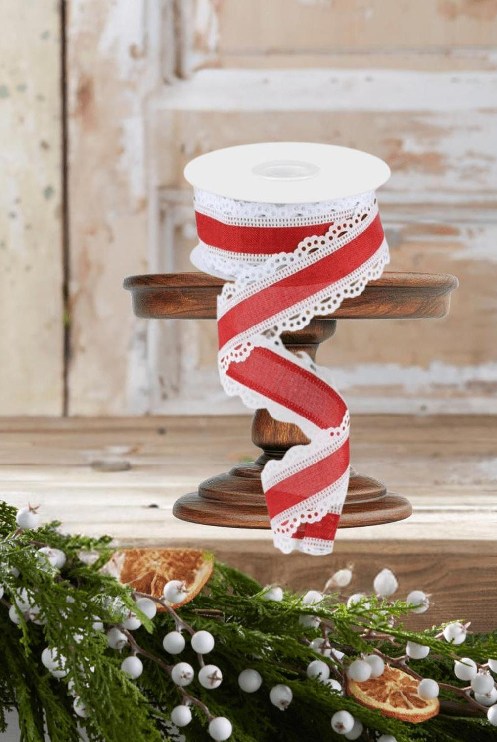 1.5" Scalloped Edge Ribbon: Red/White (10 Yard)