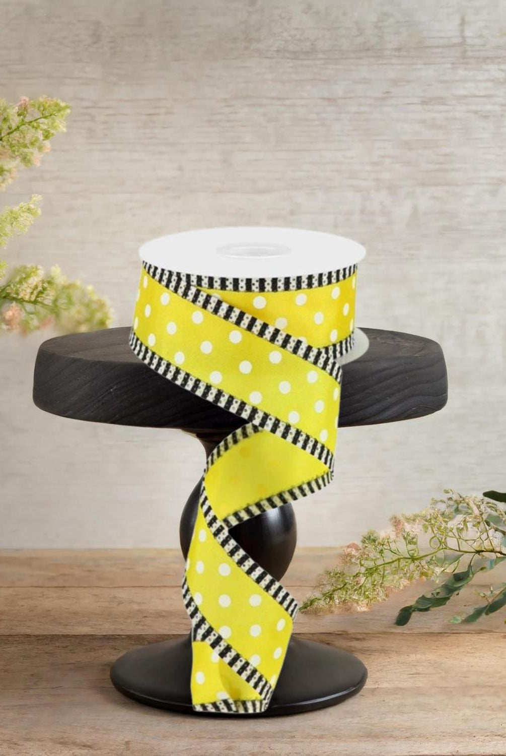 1.5" Small Polka Dot Stripe Ribbon: Yellow/White (10 Yards)