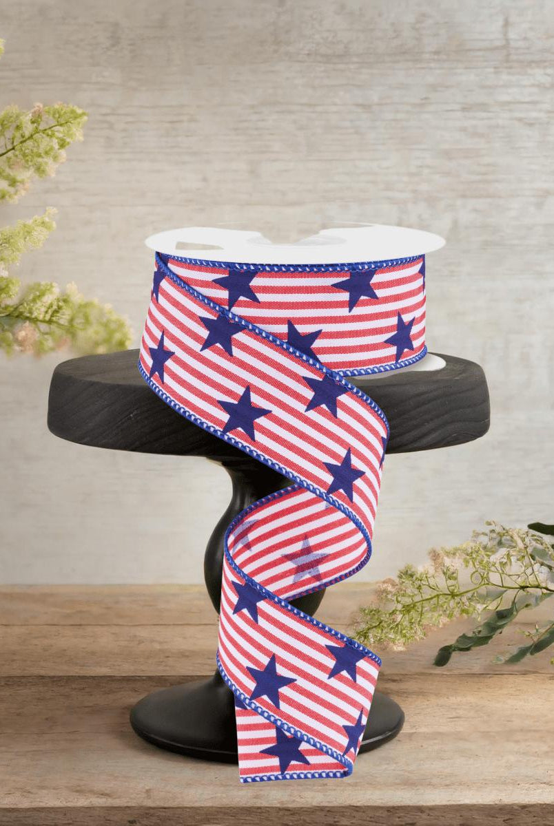 Shop For 1.5" Stars On Woven Stripe: Navy Blue (10 Yards)