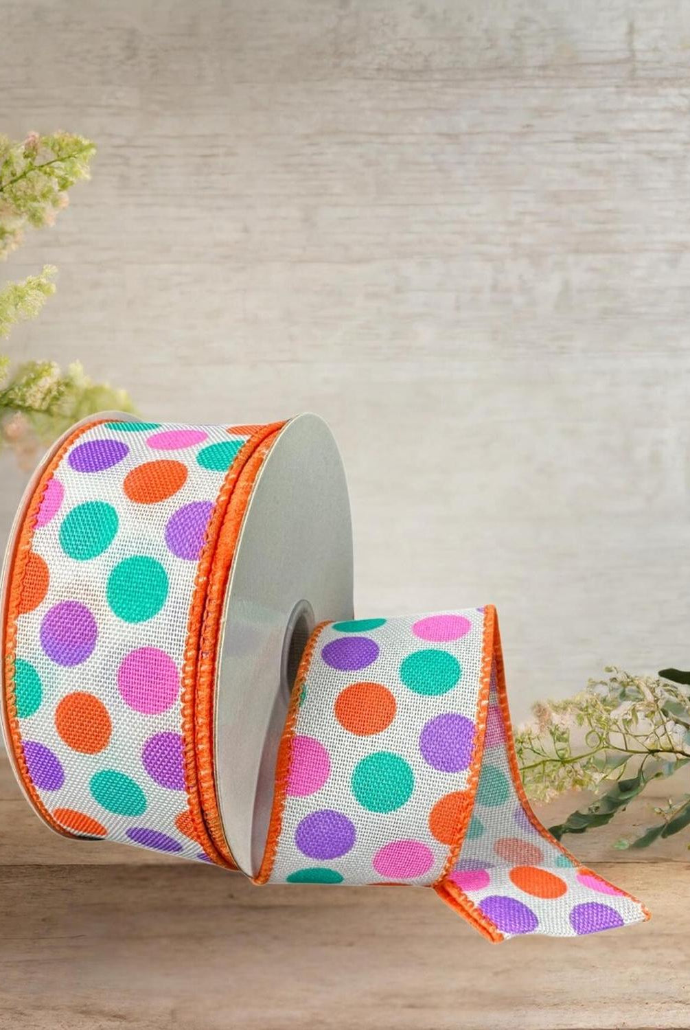 1.5" Stiff Linen Polka Dot Ribbon: Multi (10 Yards)