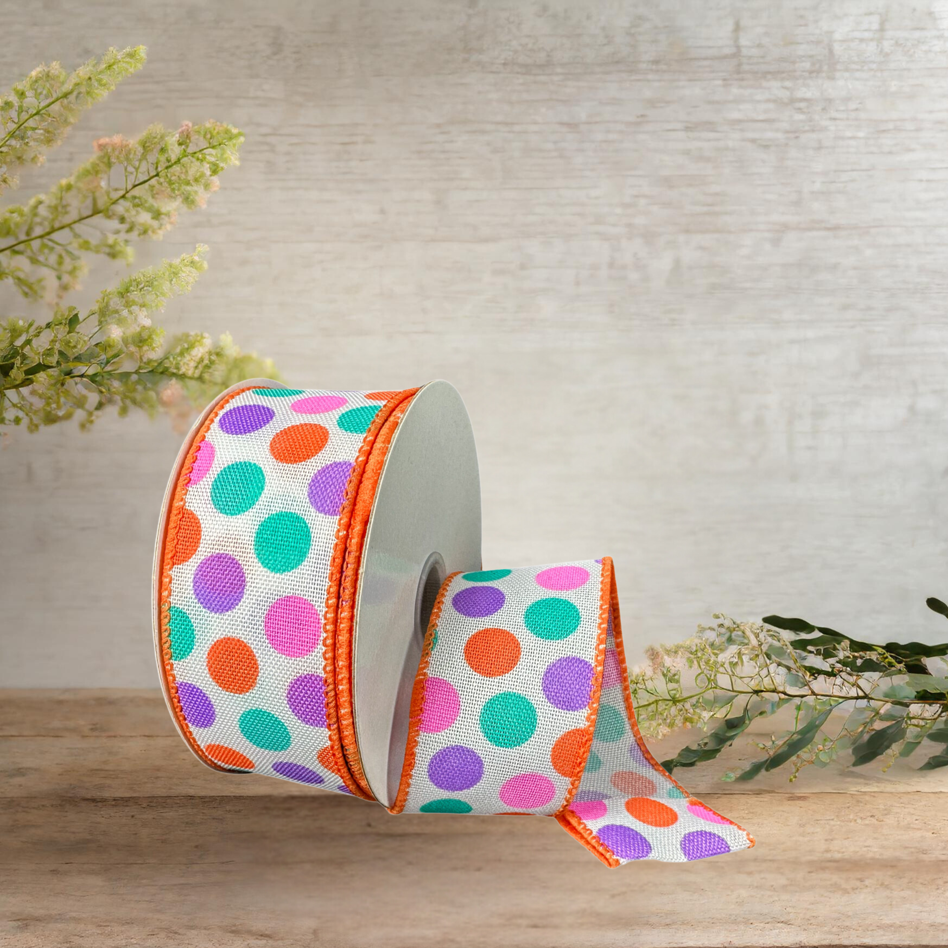 Shop For 1.5" Stiff Linen Polka Dot Ribbon: Multi (10 Yards)