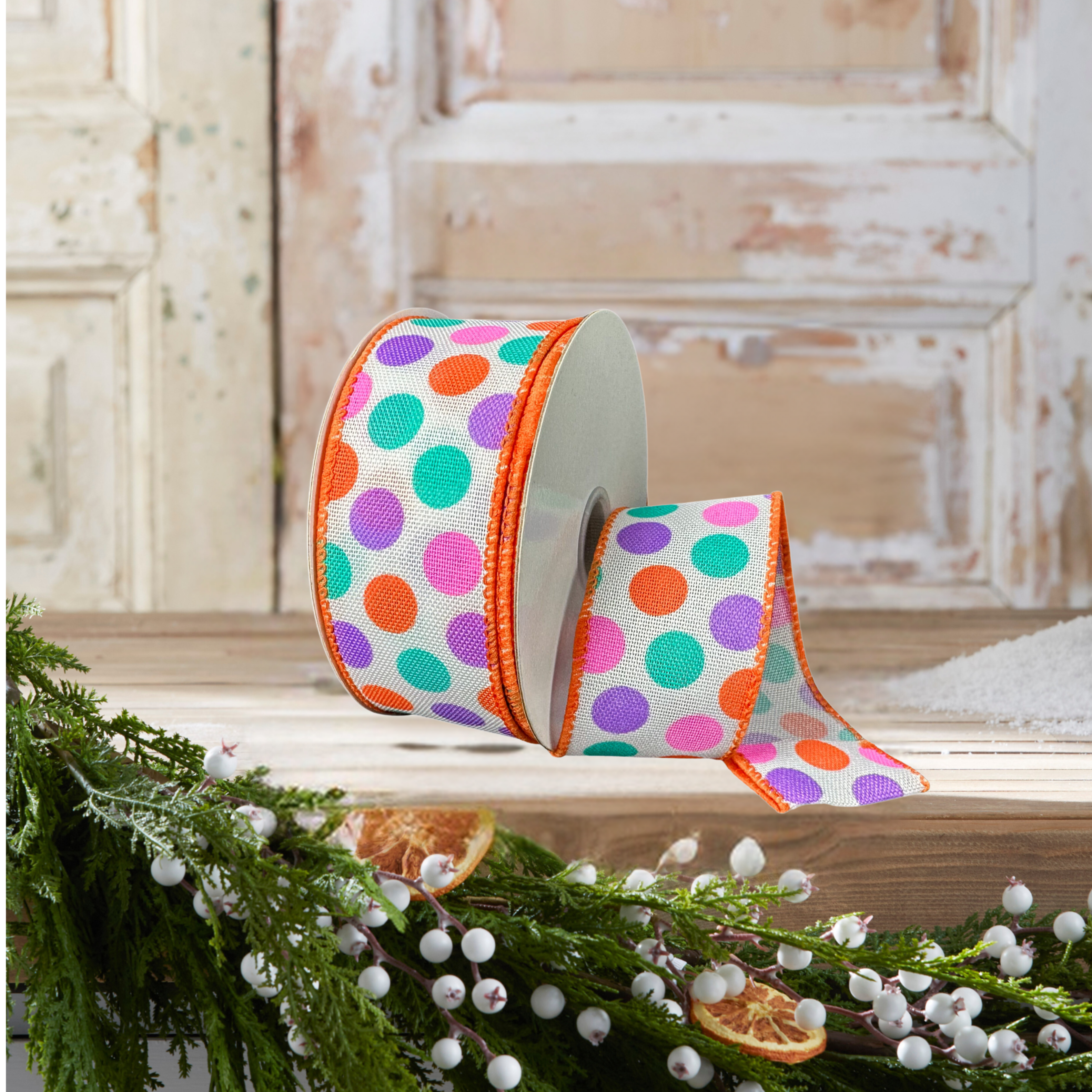 Shop For 1.5" Stiff Linen Polka Dot Ribbon: Multi (10 Yards)