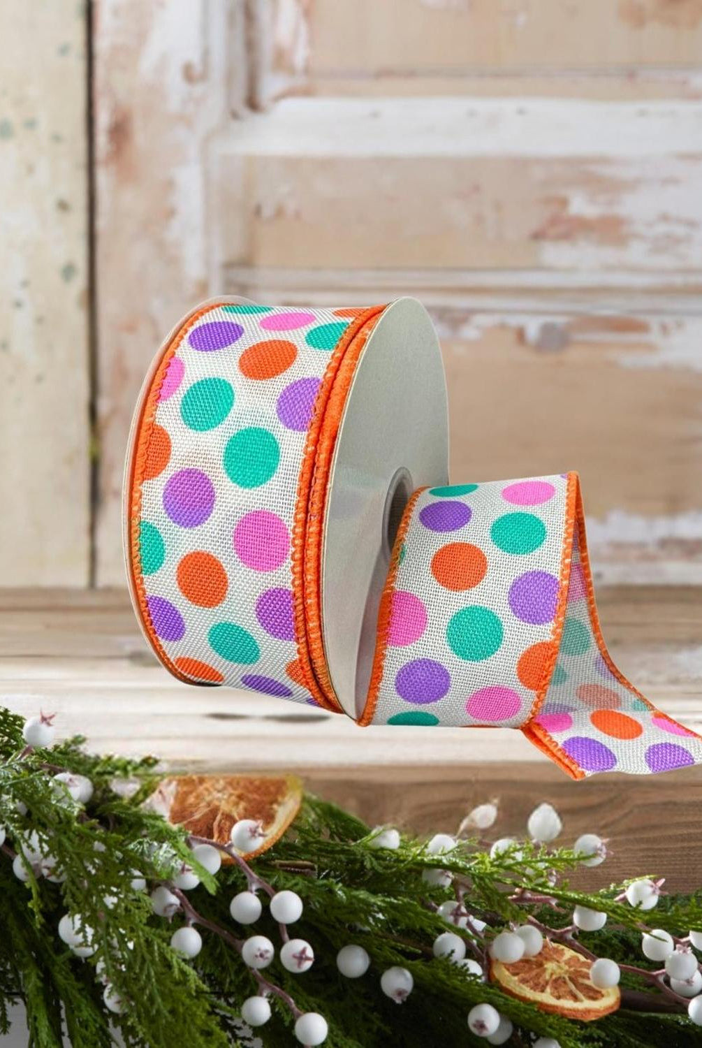 1.5" Stiff Linen Polka Dot Ribbon: Multi (10 Yards)
