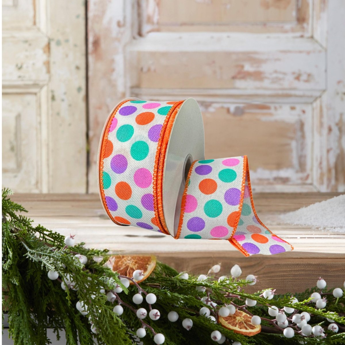 Shop For 1.5" Stiff Linen Polka Dot Ribbon: Multi (10 Yards)