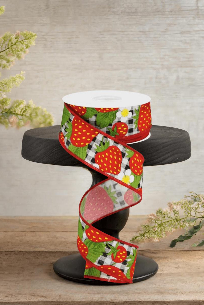 Shop For 1.5" Strawberries on Check Ribbon: Black & White (10 Yards)