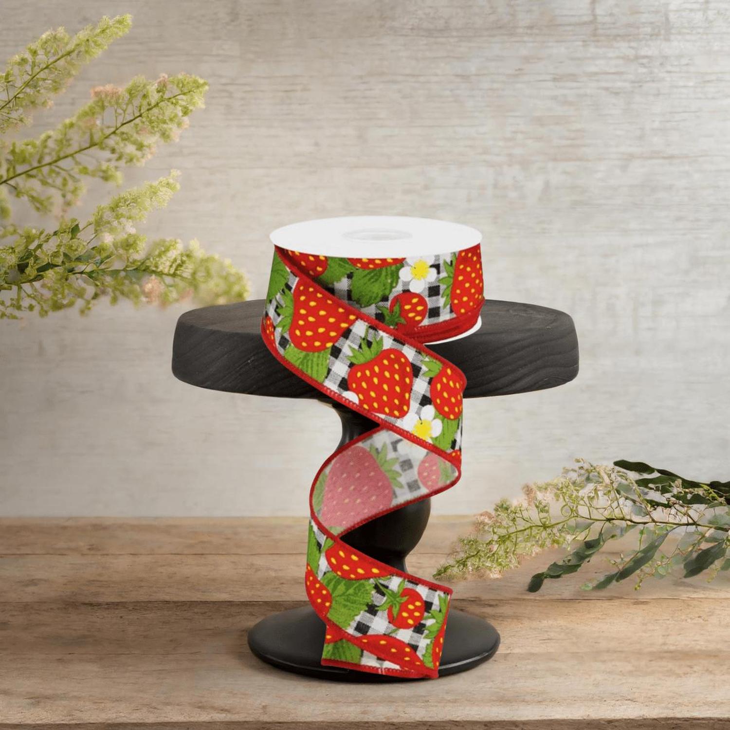 Shop For 1.5" Strawberries on Check Ribbon: Black & White (10 Yards)