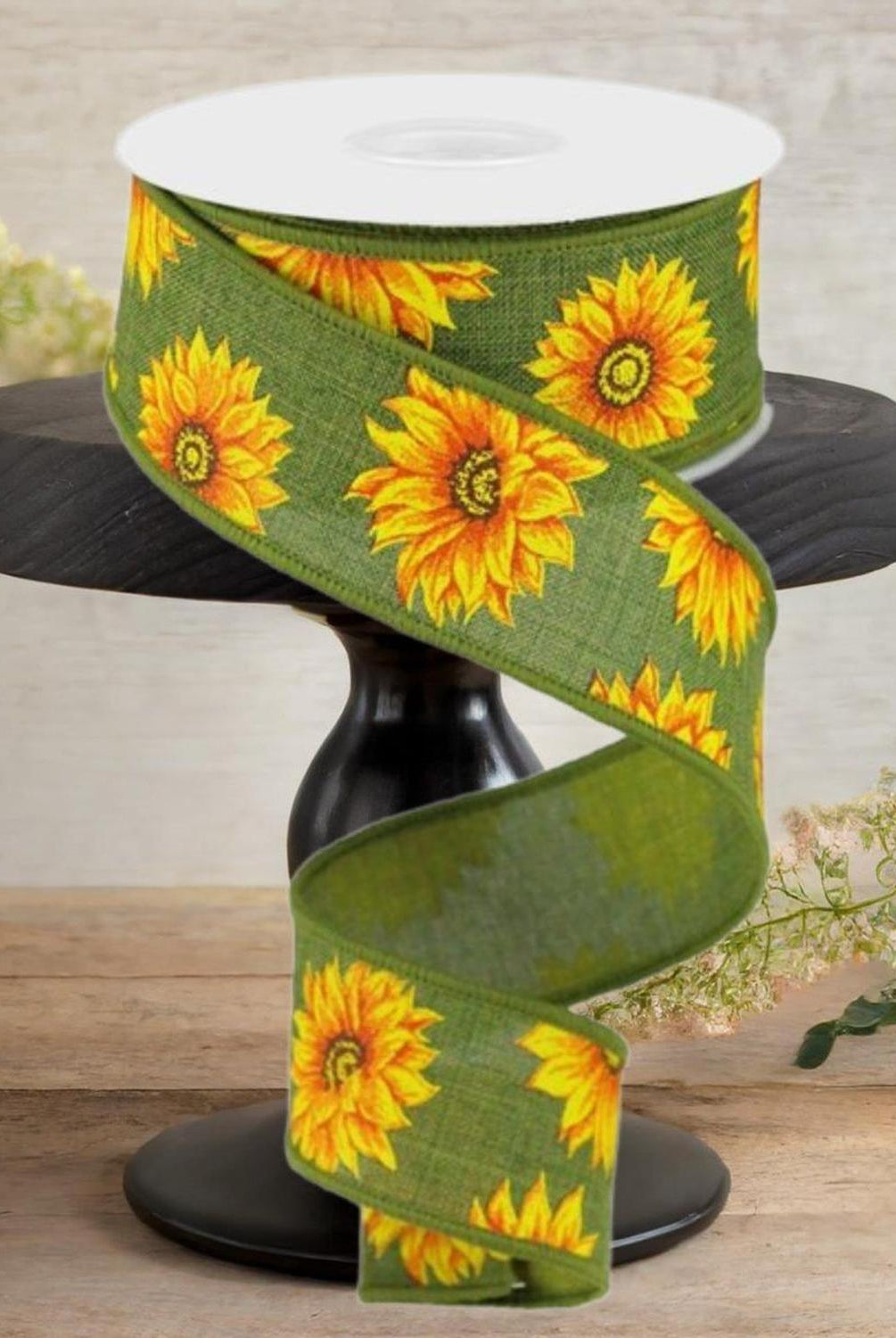 1.5" Sunflower on Canvas Ribbon: Green (10 Yards)