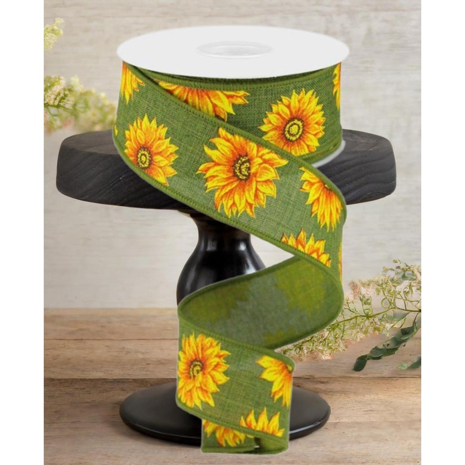 1.5" Sunflower on Canvas Ribbon: Green (10 Yards)