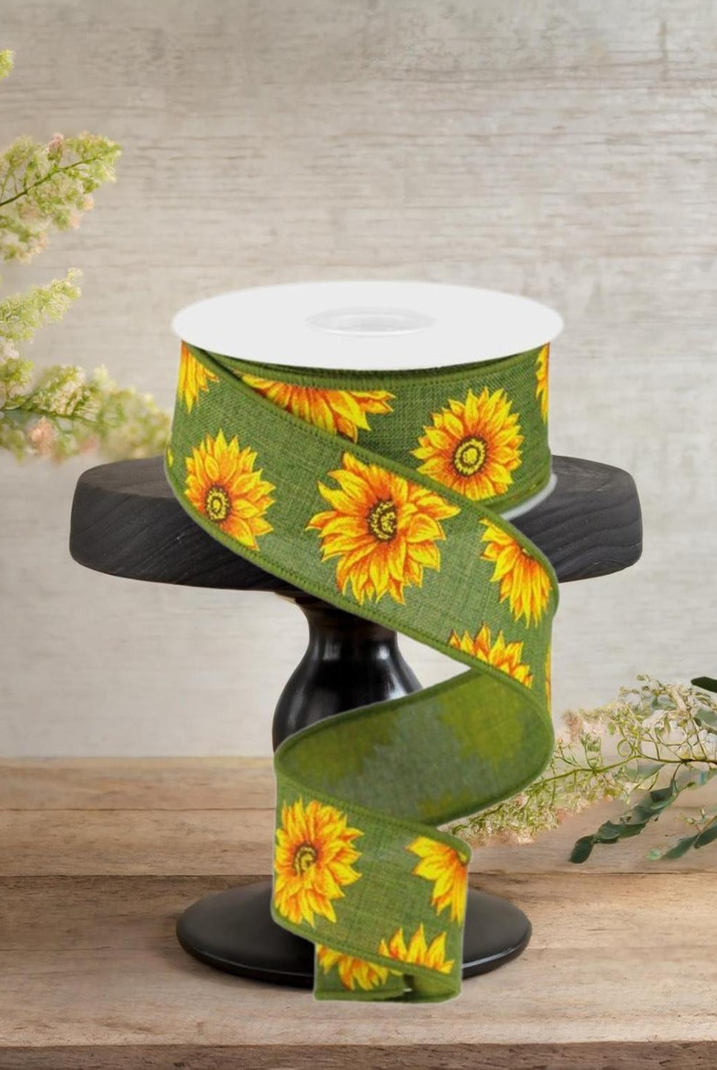 1.5" Sunflower on Canvas Ribbon: Green (10 Yards)