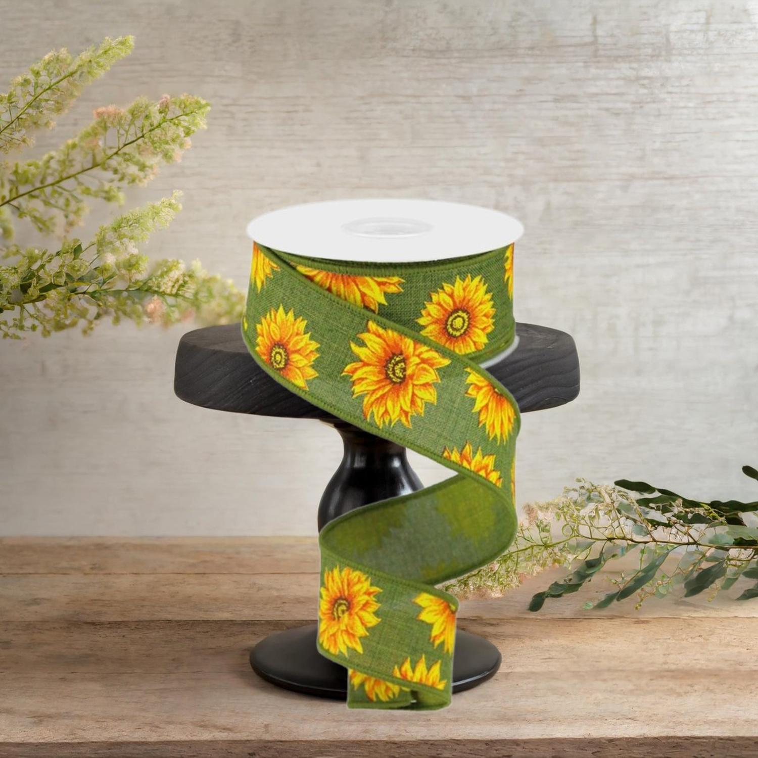 1.5" Sunflower on Canvas Ribbon: Green (10 Yards)