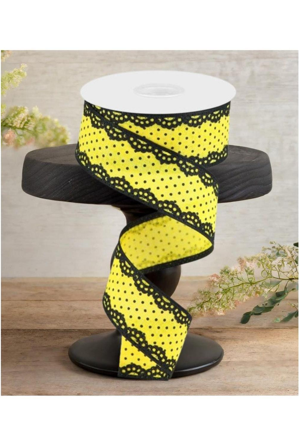 1.5" Swiss Dots Lace Edge Ribbon: Yellow (10 Yards)