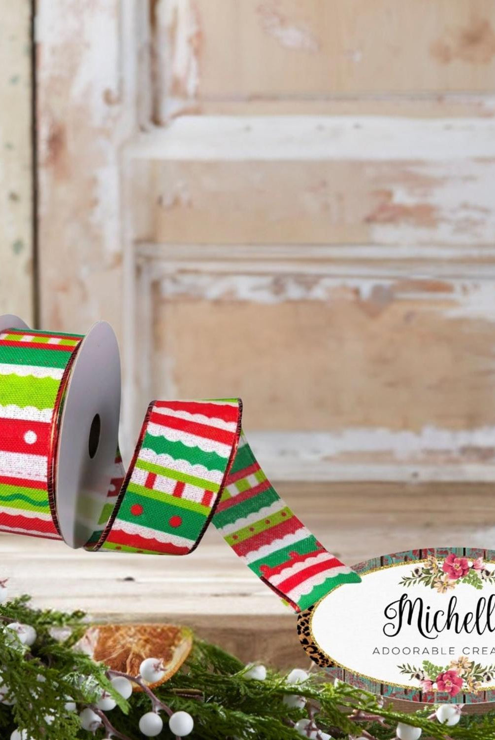 1.5" Whimsy Stripe Ribbon: Lime, Red, White (10 Yards)