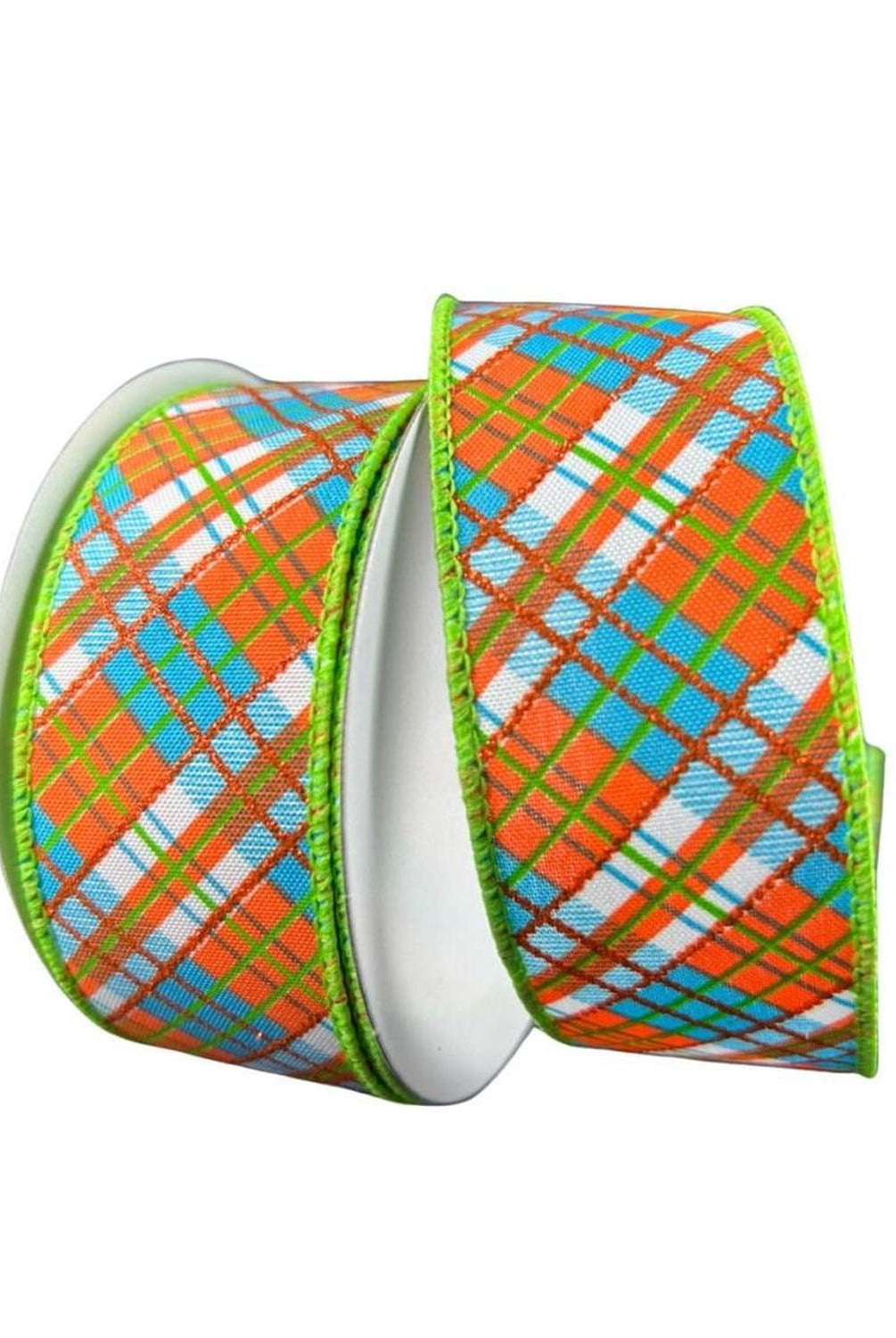 Shop For 1.5" White Satin Busy Plaid Ribbon: Teal, Lime and Orange (10 Yards) at Michelle's aDOORable Creations