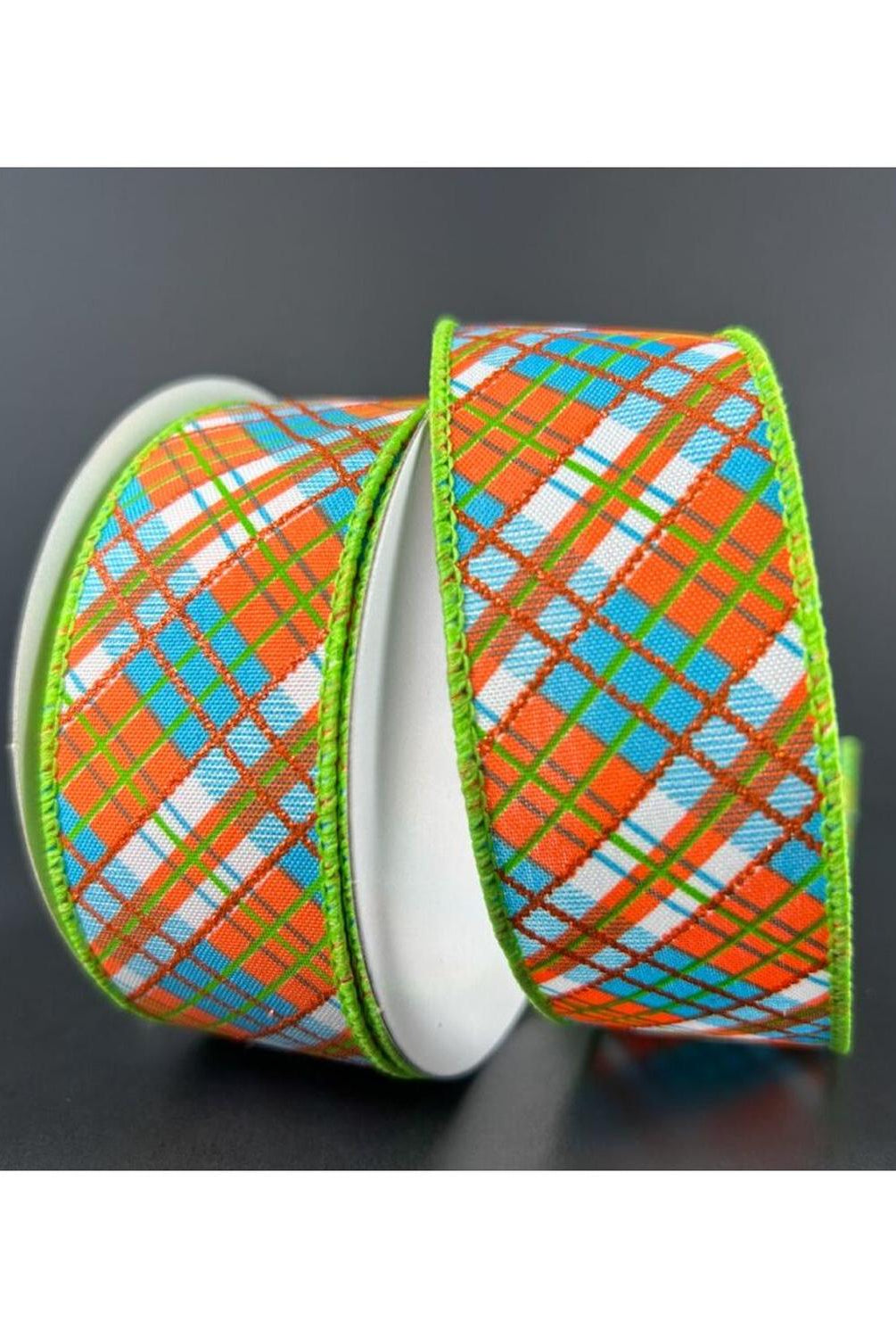 Shop For 1.5" White Satin Busy Plaid Ribbon: Teal, Lime and Orange (10 Yards) at Michelle's aDOORable Creations