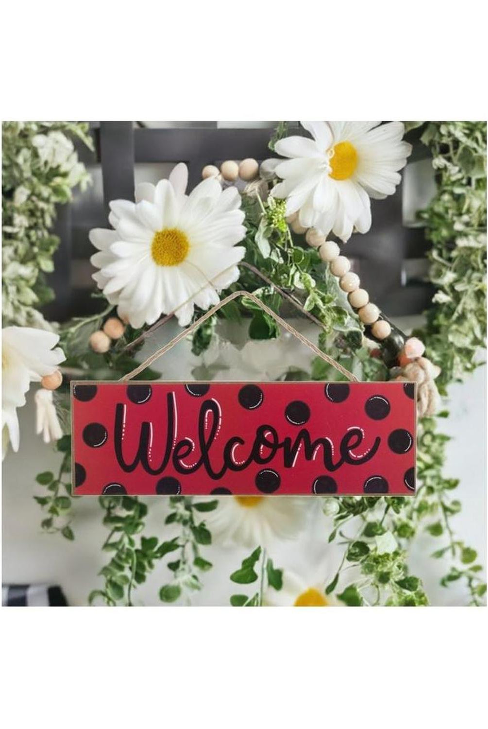 15" Wooden Sign: Welcome Red, Black Dots
