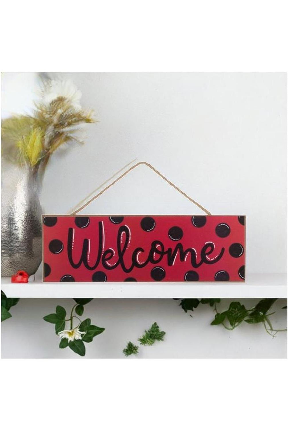 15" Wooden Sign: Welcome Red, Black Dots