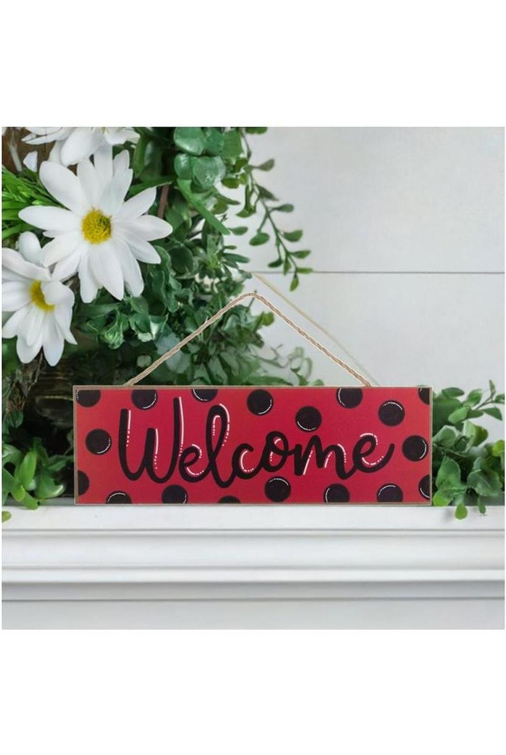 15" Wooden Sign: Welcome Red, Black Dots