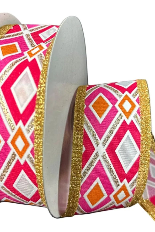 Shop For 1.5in Abstract Diamond Ribbon: Orange, Gold & Fuchsia (10 Yards)