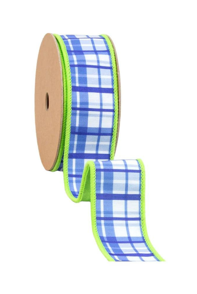 Shop For 1.5in Blue and White Plaid with Lime Green Backing Ribbon (10 Yards)