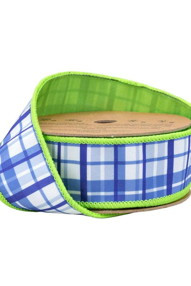 Shop For 1.5in Blue and White Plaid with Lime Green Backing Ribbon (10 Yards)