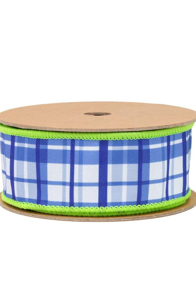 Shop For 1.5in Blue and White Plaid with Lime Green Backing Ribbon (10 Yards)