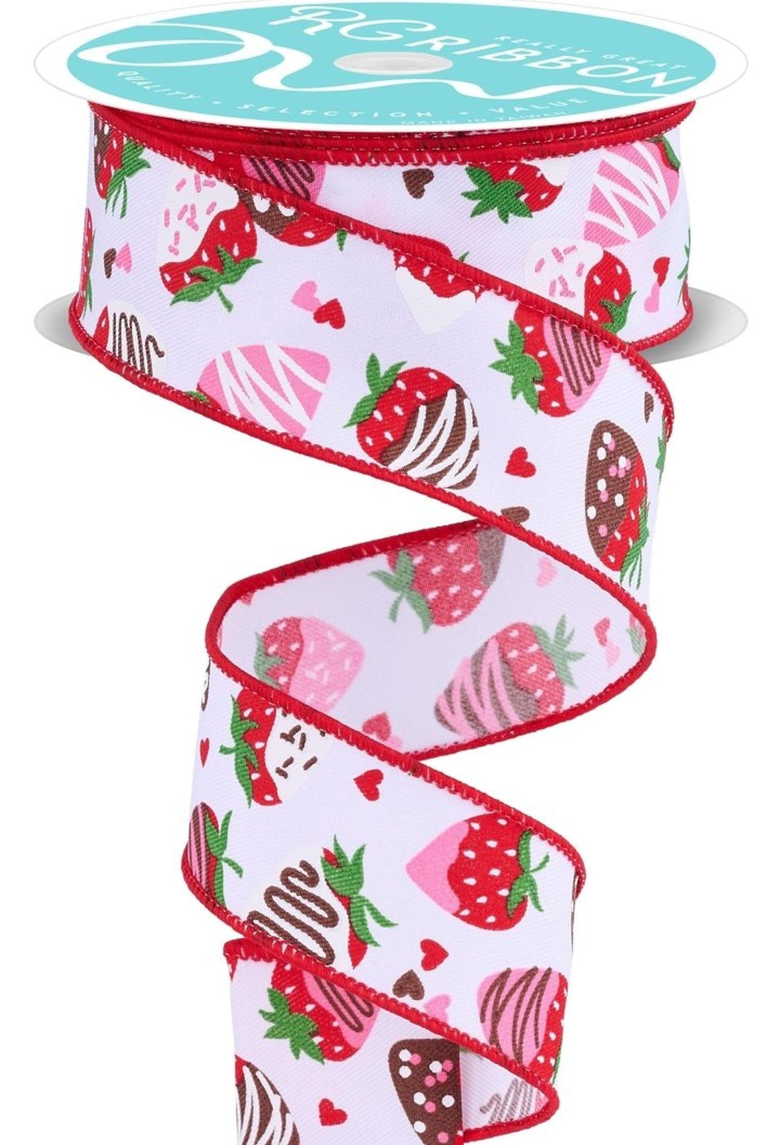 1.5in Chocolate Covered Strawberries Ribbon: White (10 Yards)