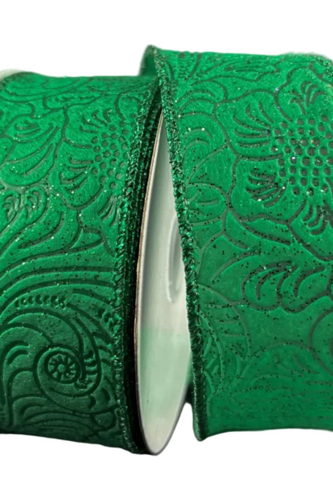 Shop For 1.5in Glitter Flower Embossed Ribbon: Emerald Green (10 Yards)