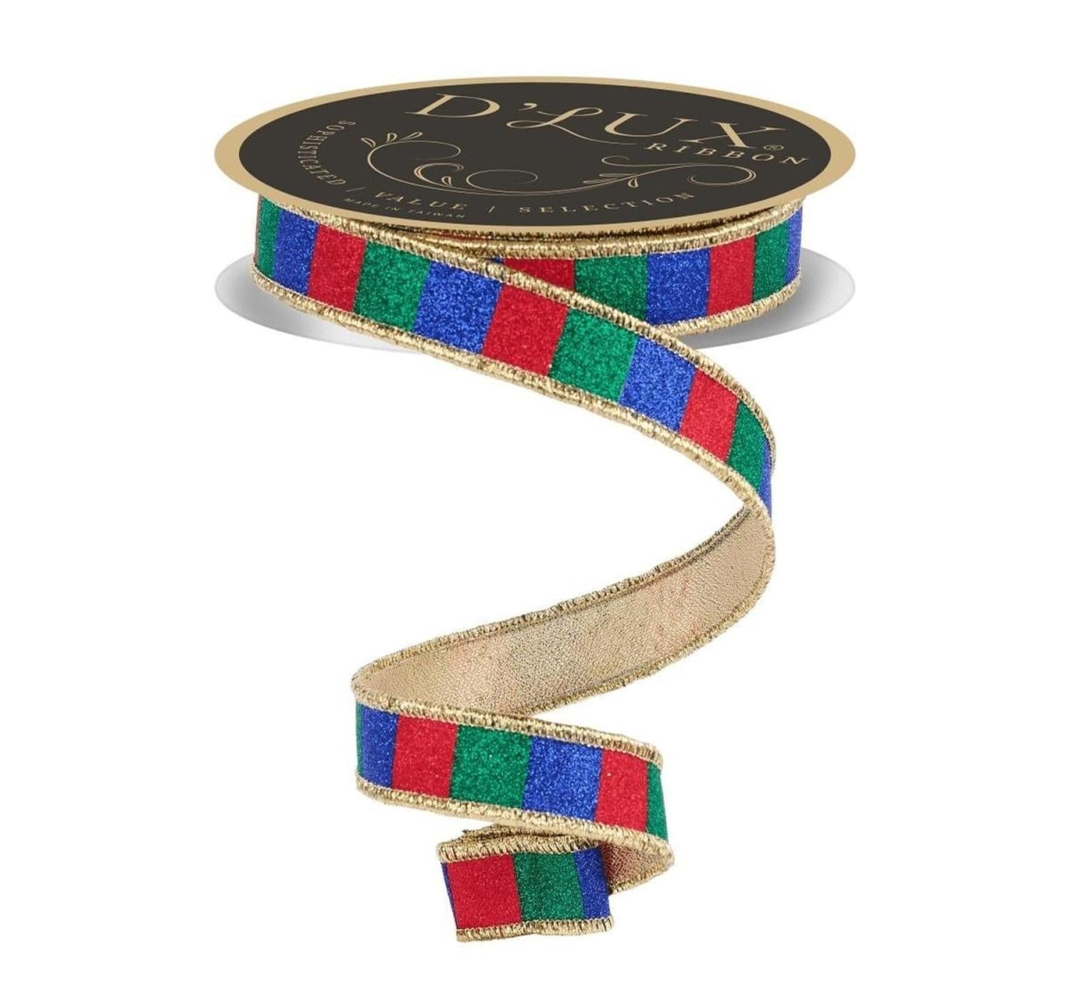 1.5in Glitter Stripe Ribbon: Red, Blue and Green (10 Yards)