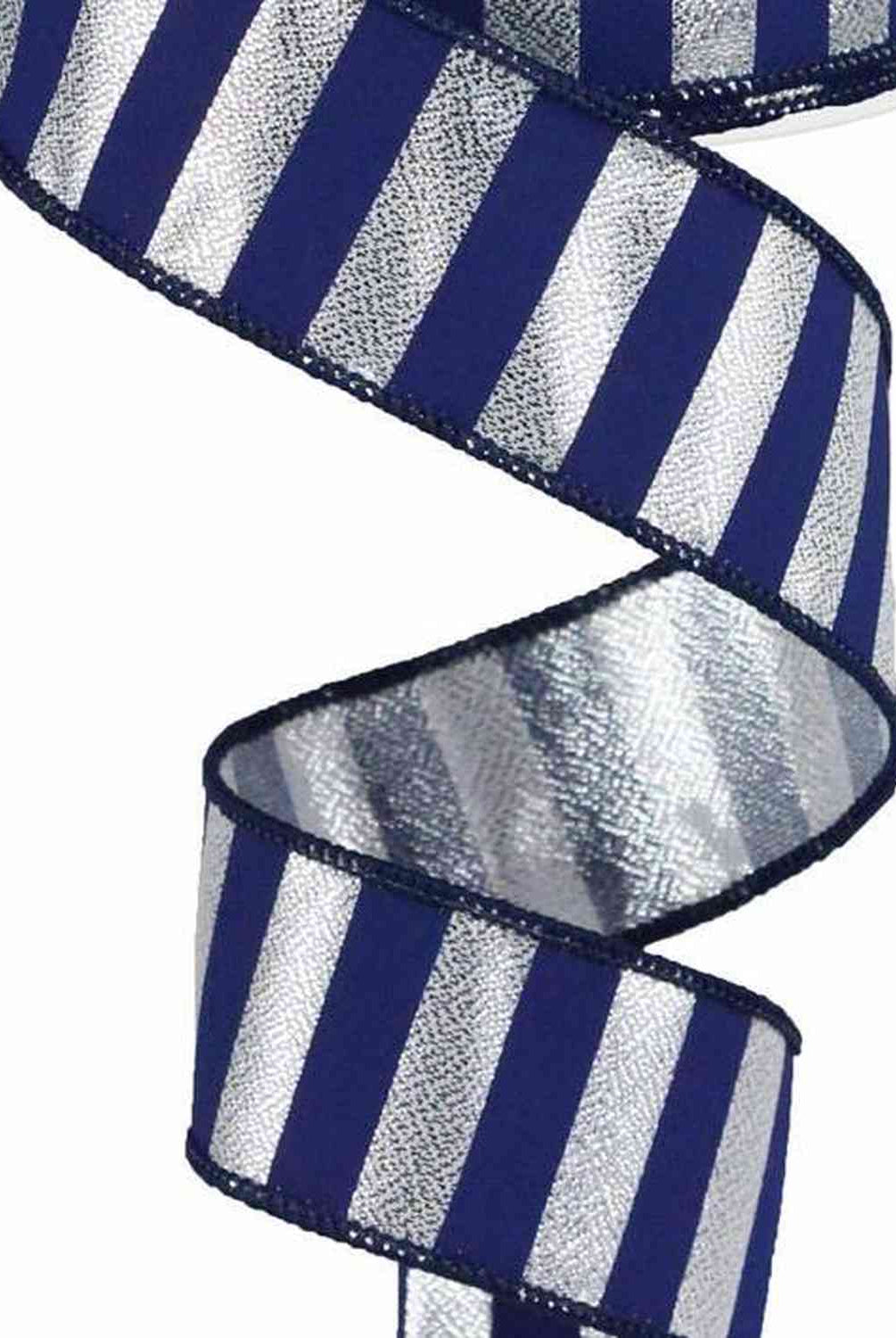 Shop For 1.5in Medium Stripe Ribbon: Metallic Silver & Navy Blue (10 Yards)