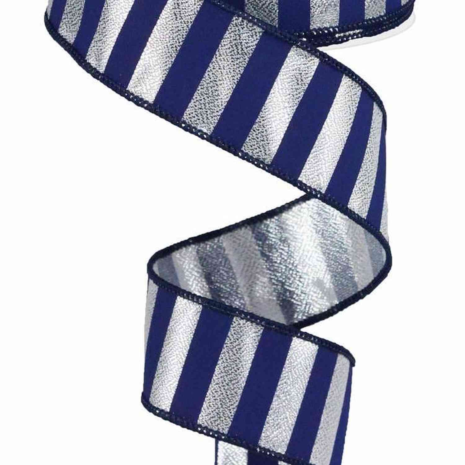 Shop For 1.5in Medium Stripe Ribbon: Metallic Silver & Navy Blue (10 Yards)