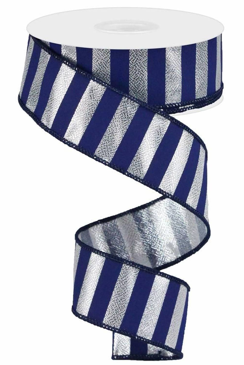 Shop For 1.5in Medium Stripe Ribbon: Metallic Silver & Navy Blue (10 Yards)