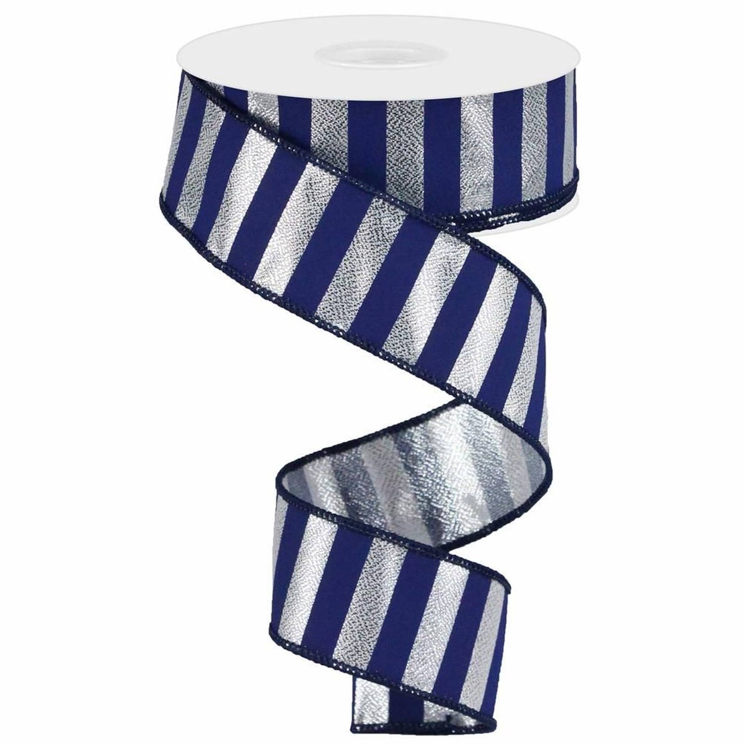 Shop For 1.5in Medium Stripe Ribbon: Metallic Silver & Navy Blue (10 Yards)