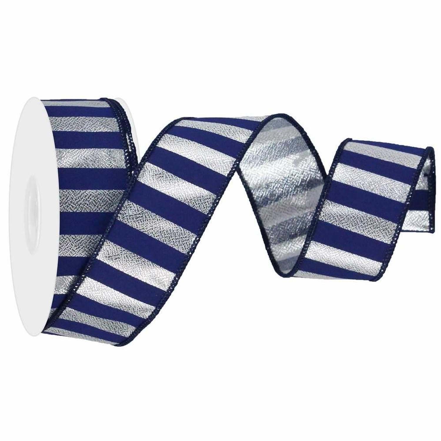 Shop For 1.5in Medium Stripe Ribbon: Metallic Silver & Navy Blue (10 Yards)