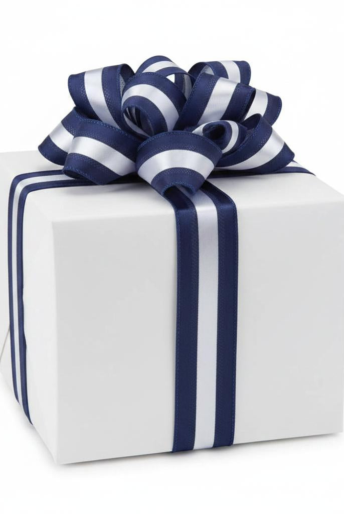 1.5-inch navy blue and grey striped satin wired ribbon tied in a decorative bow on a white gift box.