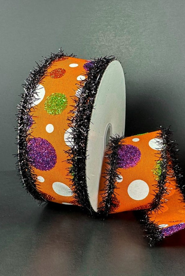 Shop For 1.5in Tinsel Edge Halloween Glitter Polka Dots Ribbon: Orange (10 Yards)