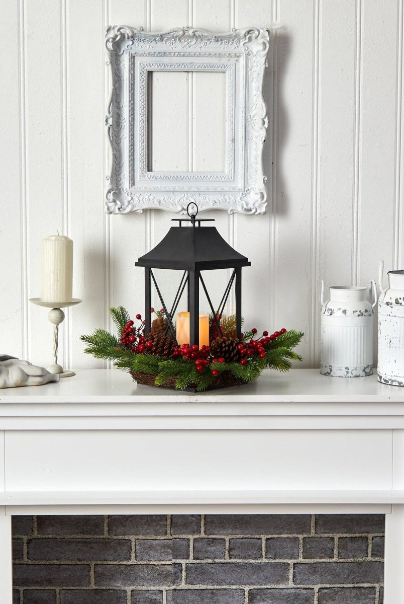 Shop For 16" Holiday Berries, Pinecones and Greenery Lantern