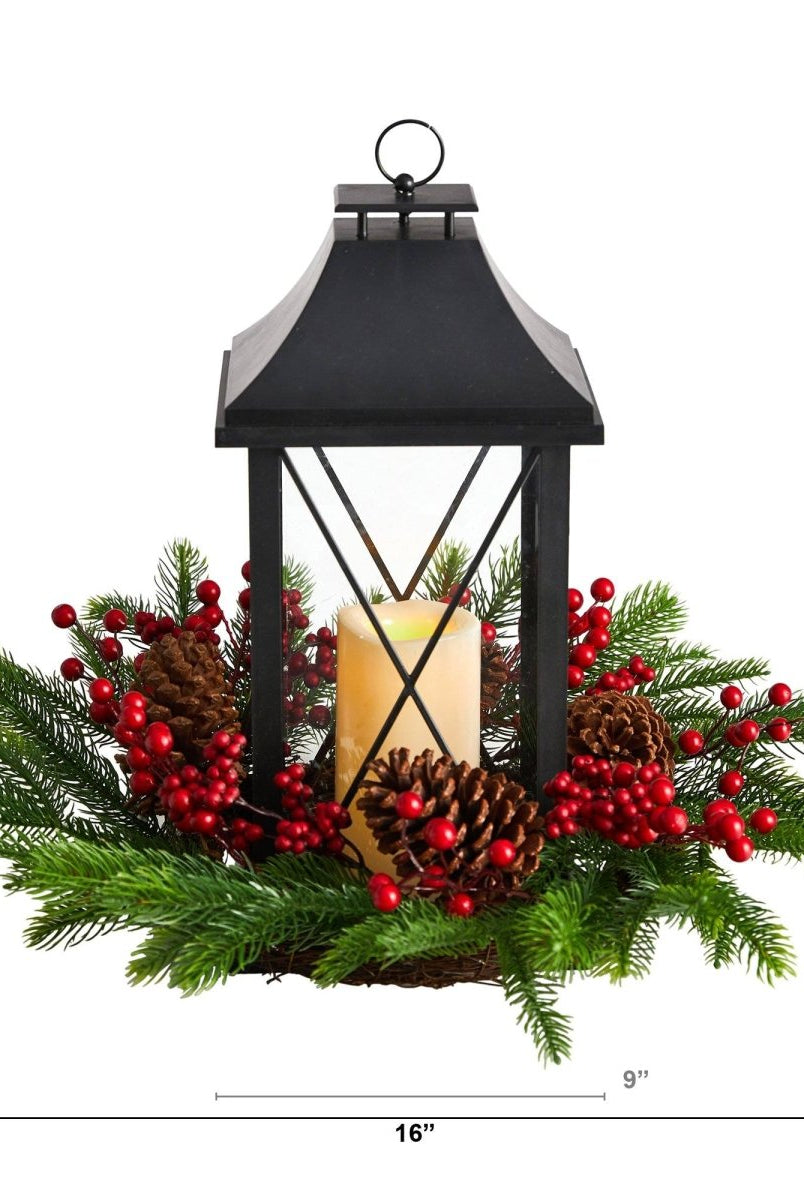 Shop For 16" Holiday Berries, Pinecones and Greenery Lantern