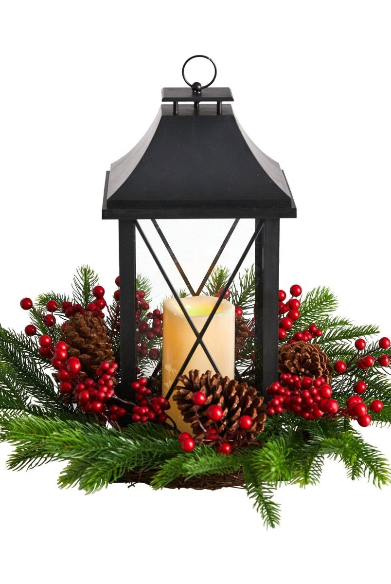 Shop For 16" Holiday Berries, Pinecones and Greenery Lantern