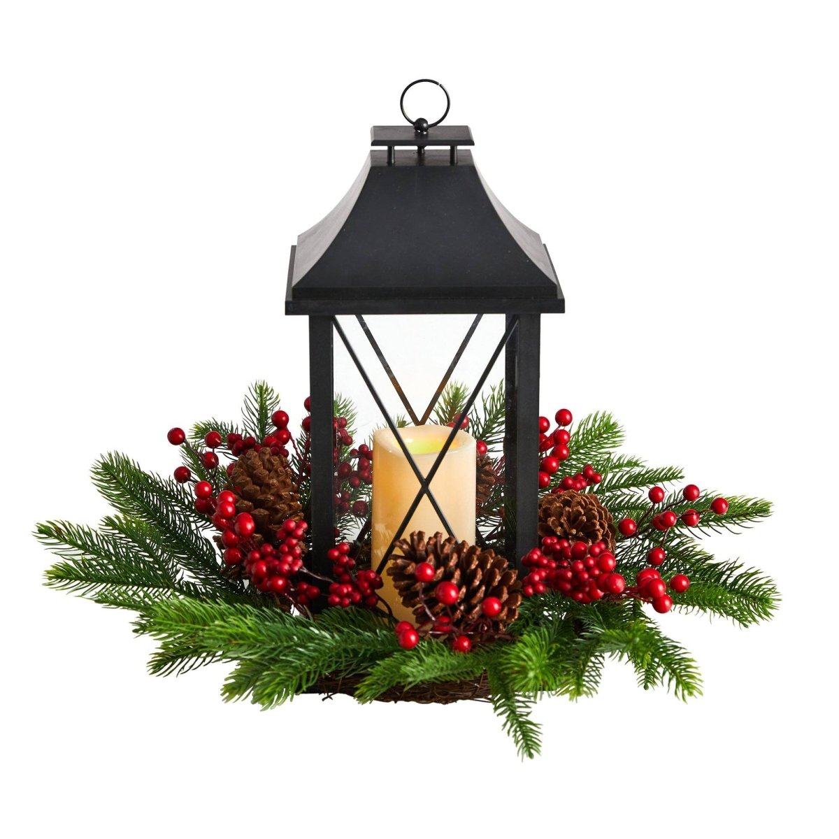 Shop For 16" Holiday Berries, Pinecones and Greenery Lantern
