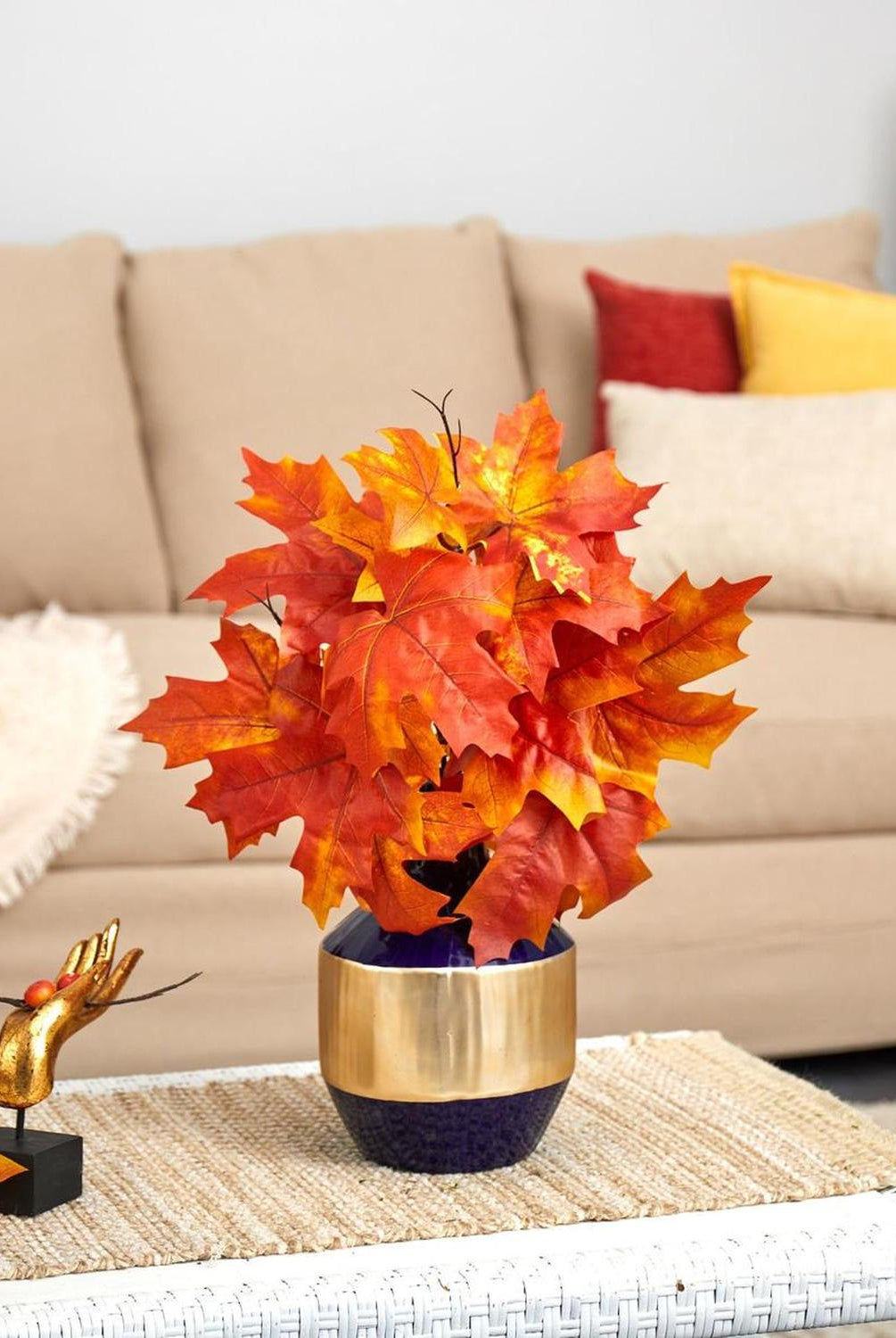 18” Autumn Maple Leaf Artificial Plant in Blue and Gold Planter