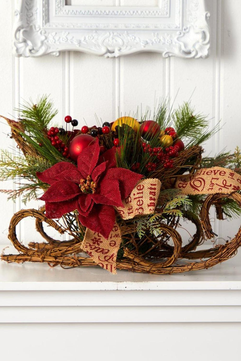 18” Christmas Sleigh with Poinsettia Arrangement