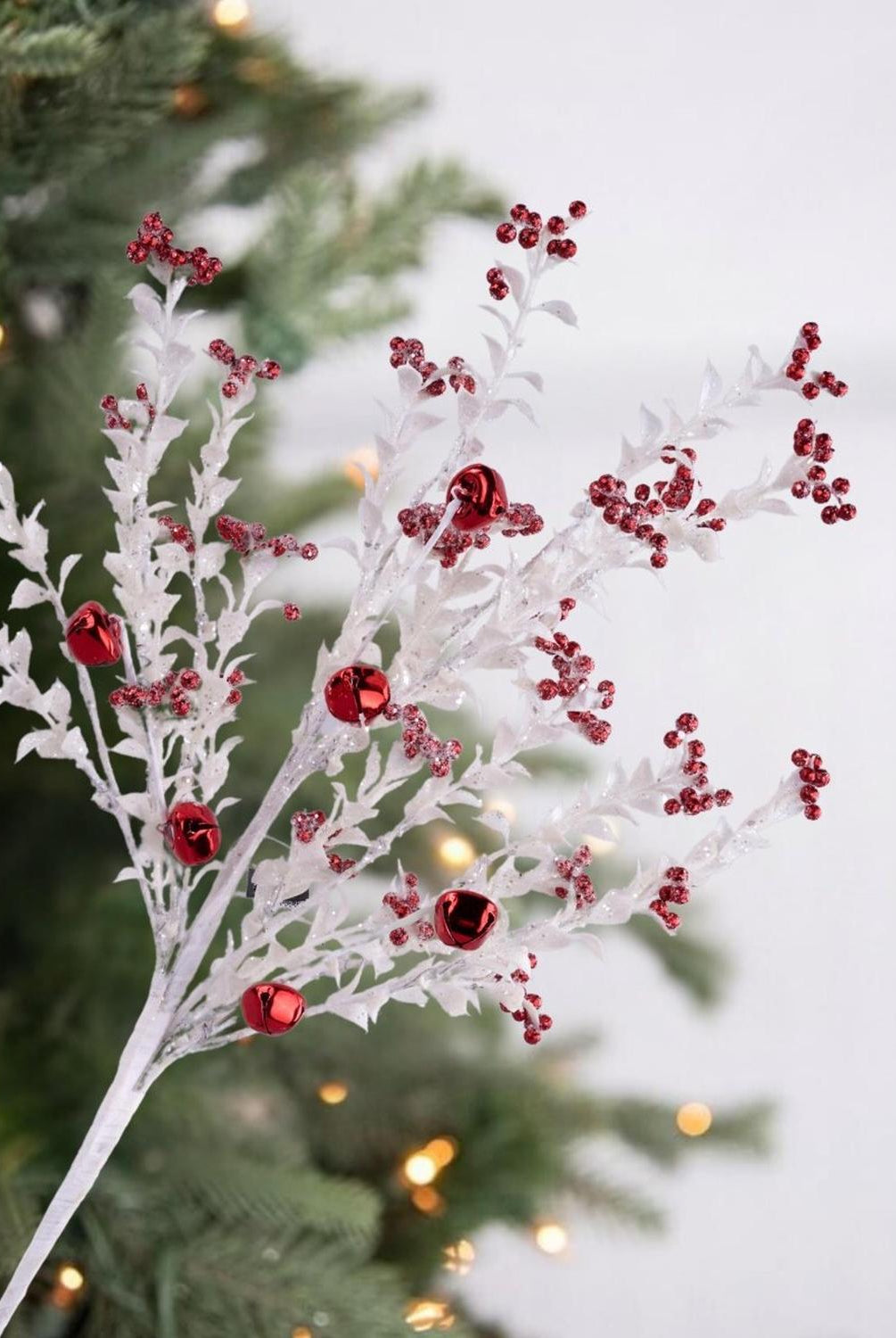 18" Jingle Bell Berry Leaf Spray: White/Red