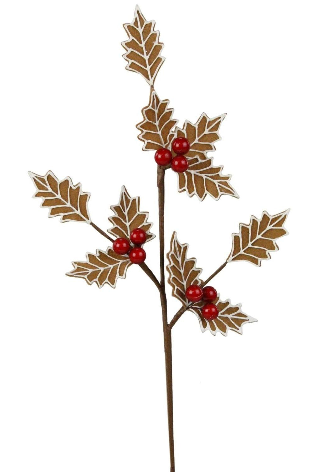 19" Gingerbread Holly Leaf Spray