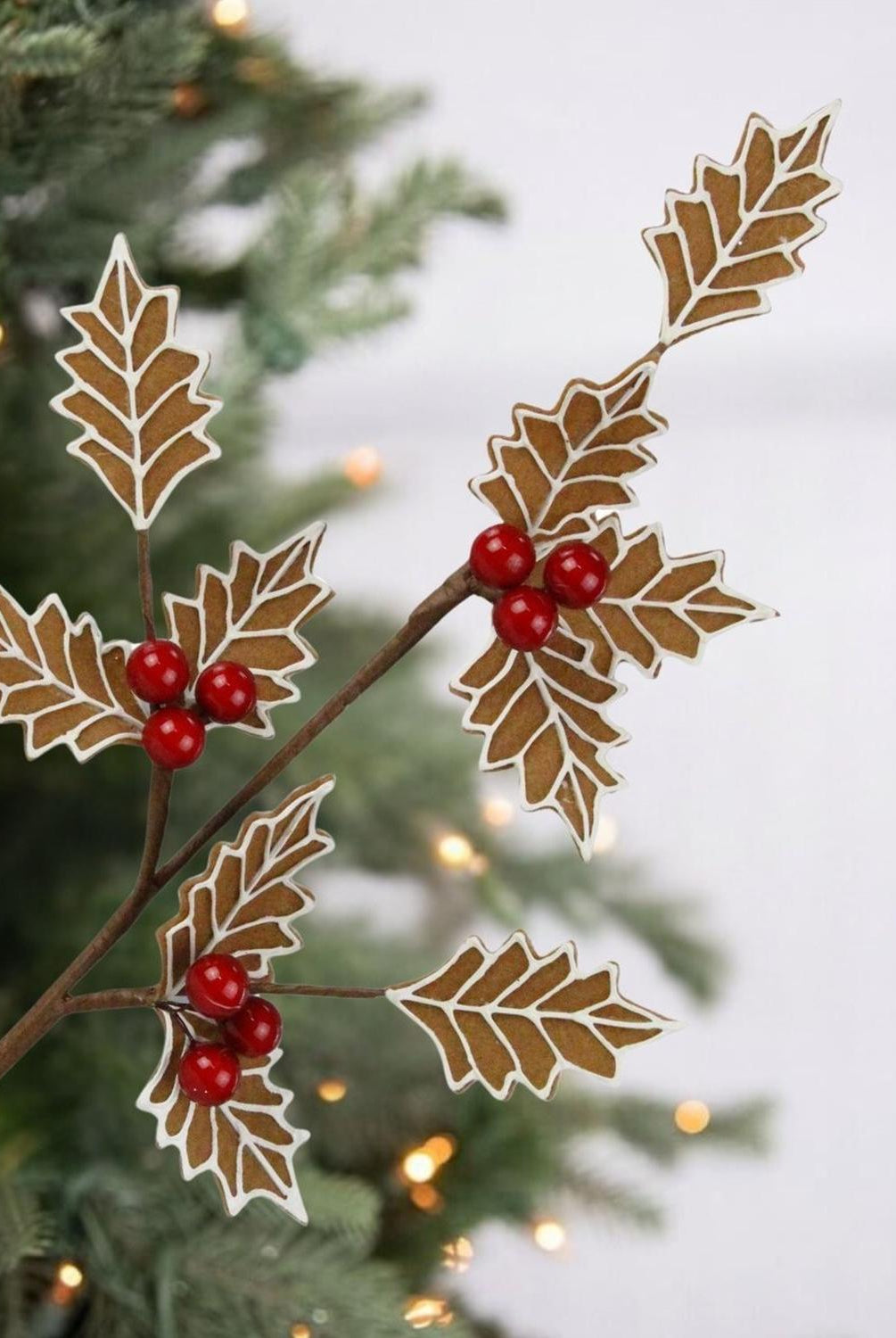 19" Gingerbread Holly Leaf Spray