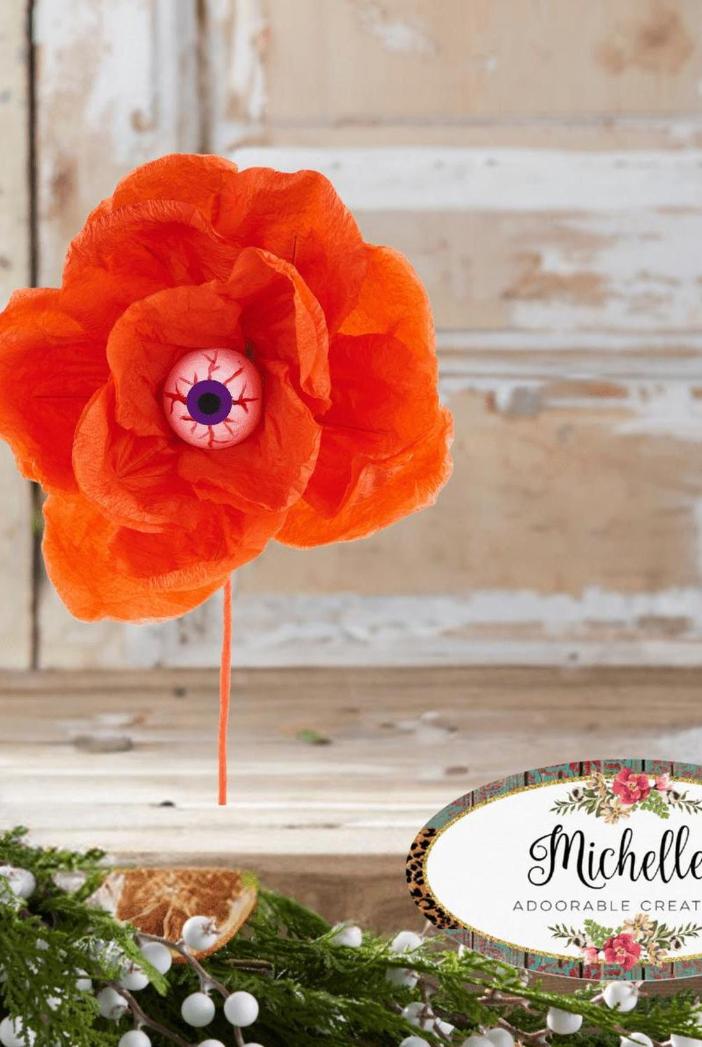 19" Paper Rose Eyeball Stem: Orange