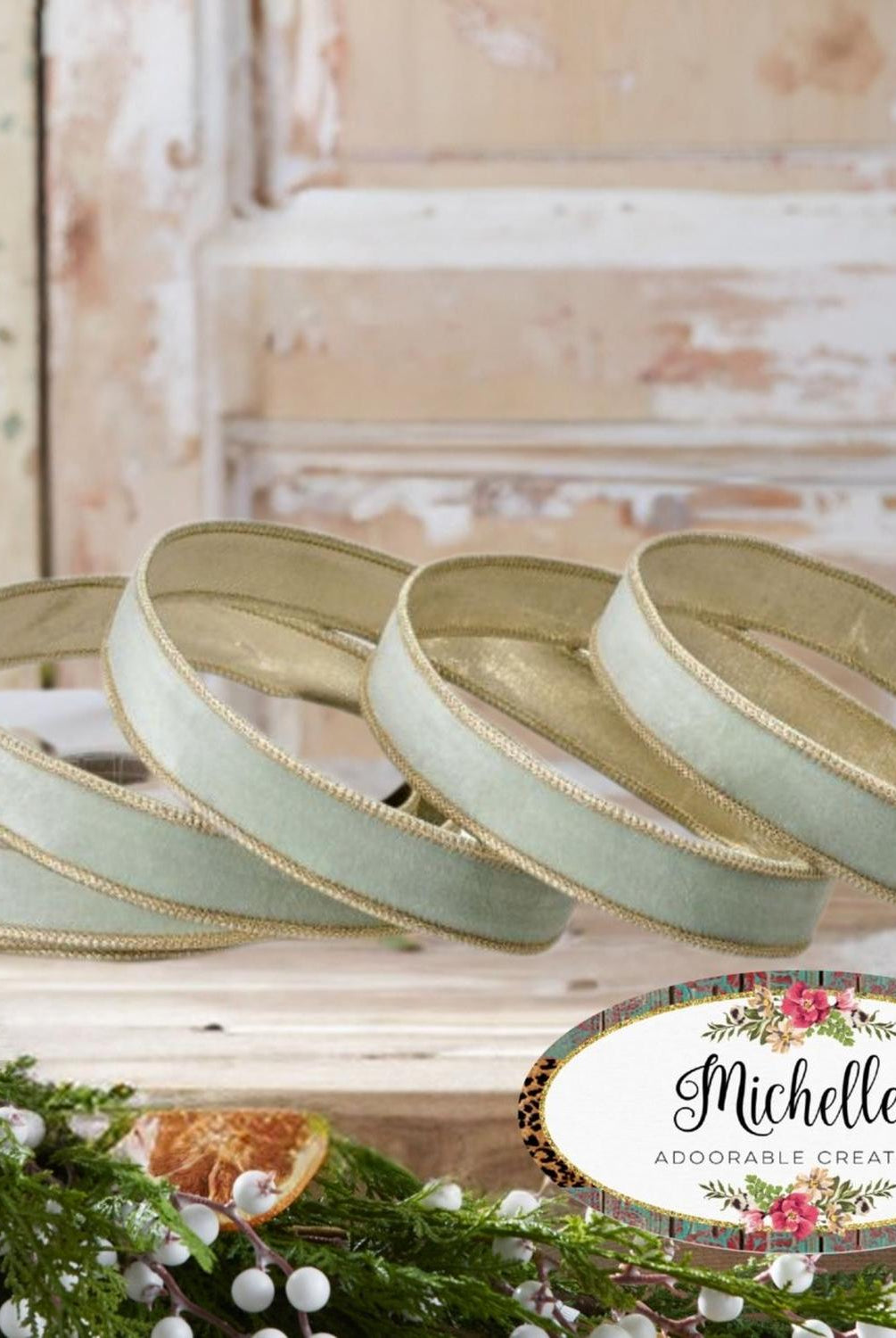 1in Velvet Ribbon with Platinum Edge: Mint Green (10 Yards)