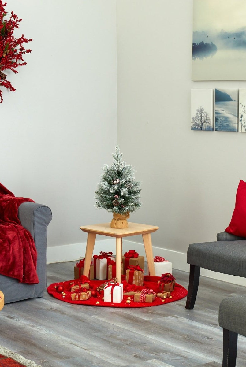 Shop For 2' Flocked Artificial Christmas Tree with 30 Clear Lights, 73 Bendable Branches, Pine Cones and Berries